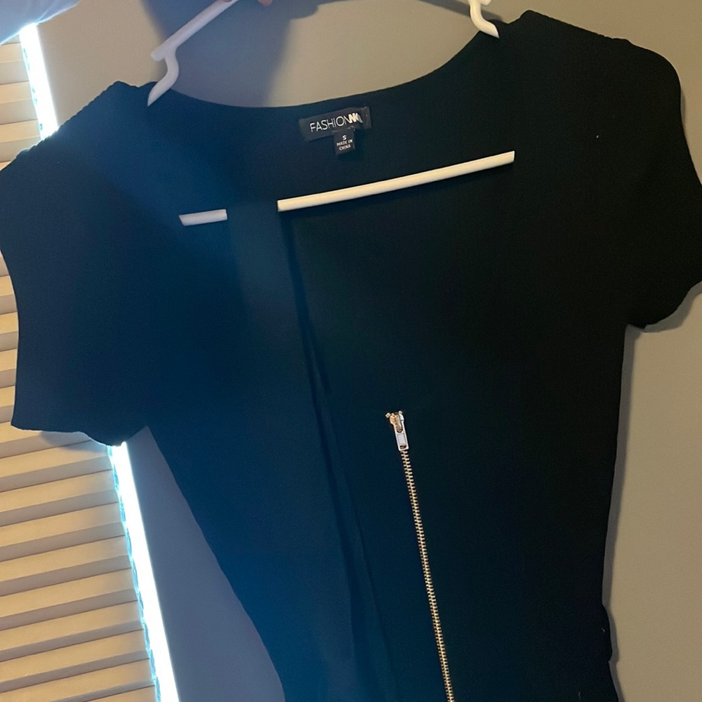 Black fashionnova romper with belt (half zip-up)